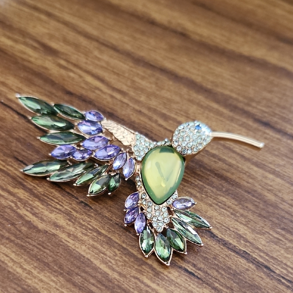 Elegant Green and Purple Hummingbird Brooch
